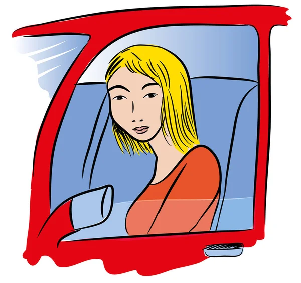 Araba sürücüsü woman.illustration sarışın kadının bir kırmızı araba.
