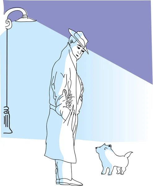 Adam ve sevimli dog.illustration eski sokakta küçük köpek bakıyorsun adam.