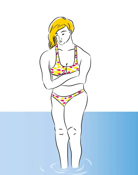 Mutsuz bikini kadın. Sıkılmış kadın denizde. Kötü tatil için sıkılmış kız.