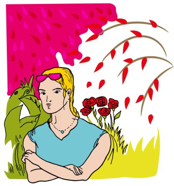 Bahçedeki kız. Kız glaesses bahçede genç kadınla garden.illustration ortasında ayakta.