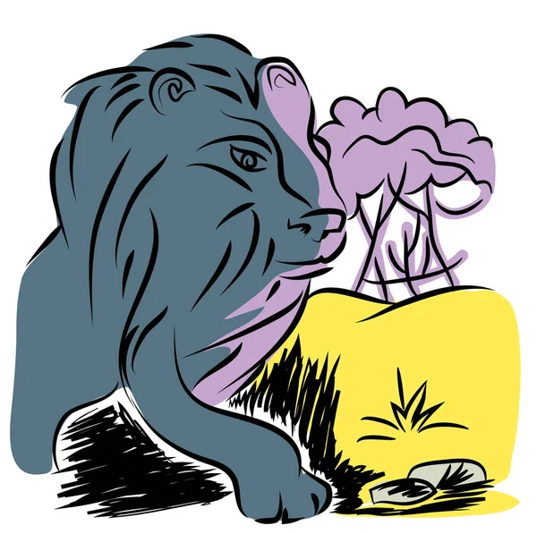 Lion.illustration Afrika yürüyen aslan doğal invironment yürüme. Vahşi doğada yaşam.
