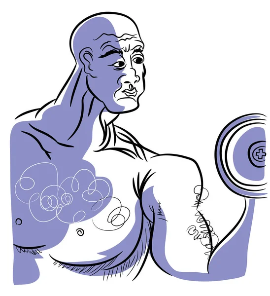 Old boldybuilder.illustration of bodybuilder bald man holding dumbbell.