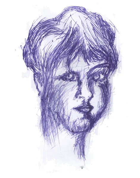 Kız kafası. Mavi kalem kroki girl.illustration genç kadın başkanı.