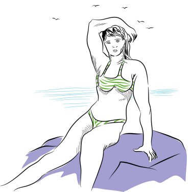 Bikini kız buzlu. Kayalar ve deniz arka plan üzerinde oturan Bikini kız.