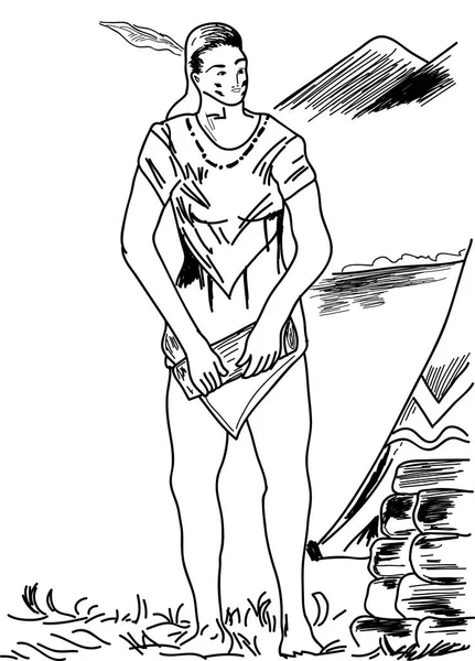 injun girl.illustration of standing injun girl holding wood.