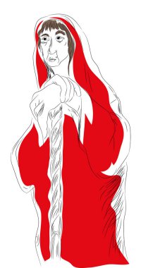 Yaşlı kadın ayakta eski ahşap baston tutan kadın red.illustration içinde.