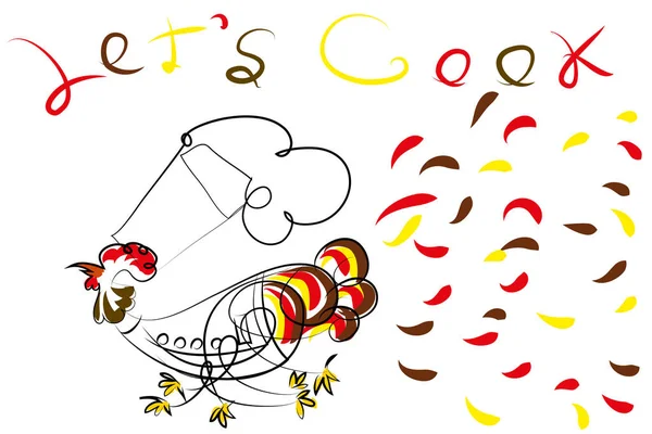 Şef horoz. Yemek pişirmek için çalışan heyecanlı Şef horoz.