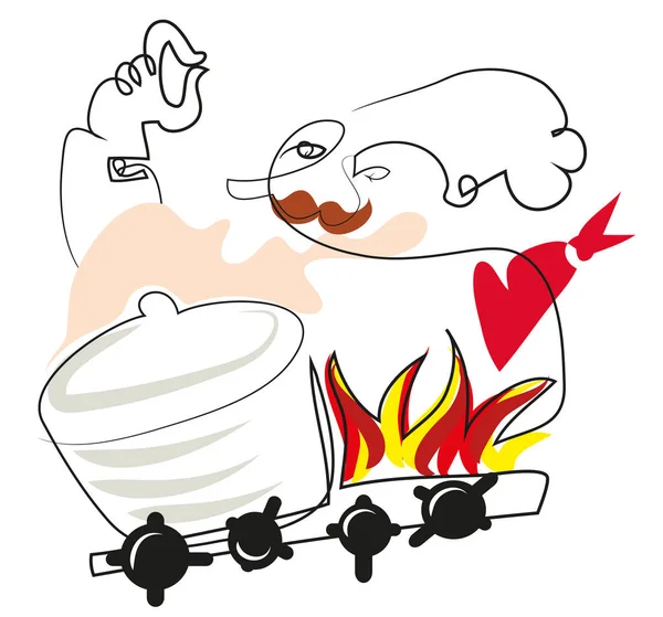 幸せなシェフと美味しい Signhappy シェフと炊飯器の大きな鍋 — ストック写真