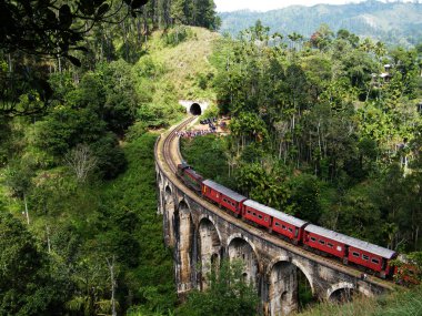 Sri Lanka dokuz Kemer Köprüsü tren. Tepenin ülkede güzel tren yolu. Ceylon eski köprü.