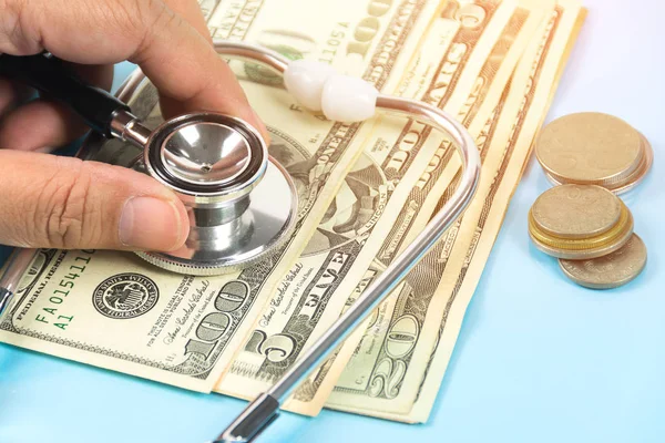 Stethoscope Money Dollar Blue Background Medical Concep — Stock Photo, Image