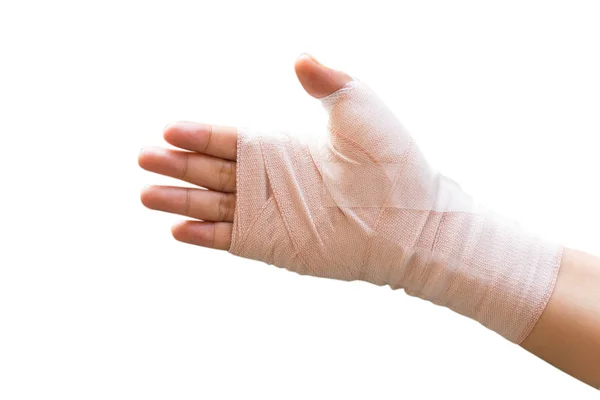 Herido mano femenina envuelto vendaje elástico — Foto de Stock
