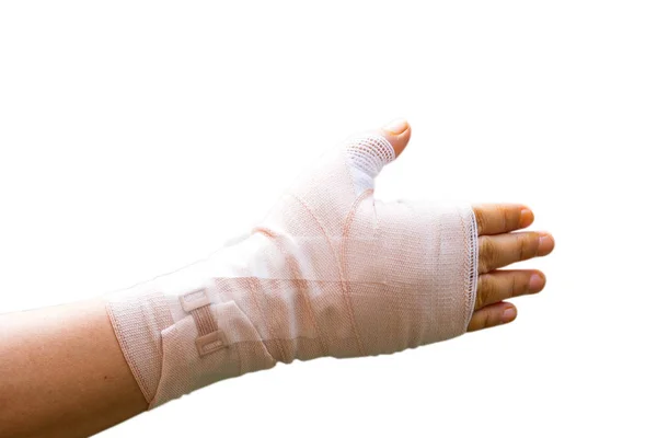 Bandage élastique enveloppé à la main après le doigt de déclenchement percutané r — Photo
