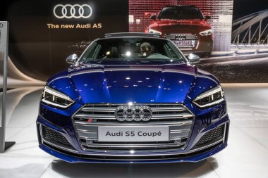 BRUSSELS - JAN 19, 2017: Audi S5 Coupe car at the Brussels Auto Salon. clipart