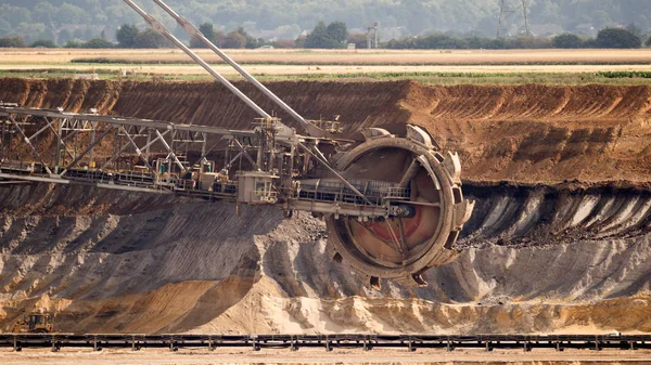 Minería Excavadoras Cubo Una Mina Carbón Marrón Cielo Abierto — Foto de Stock