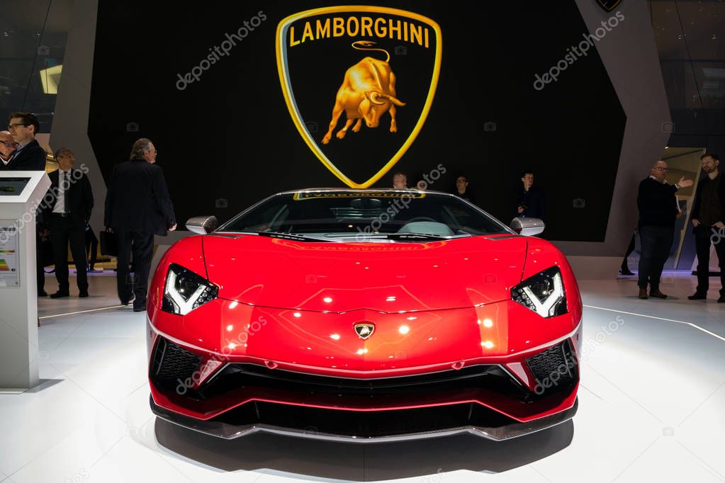 GENEVA, SWITZERLAND - MARCH 7, 2018: Lamborghini Aventador SV sports car showcased at the 88th Geneva International Motor Show.