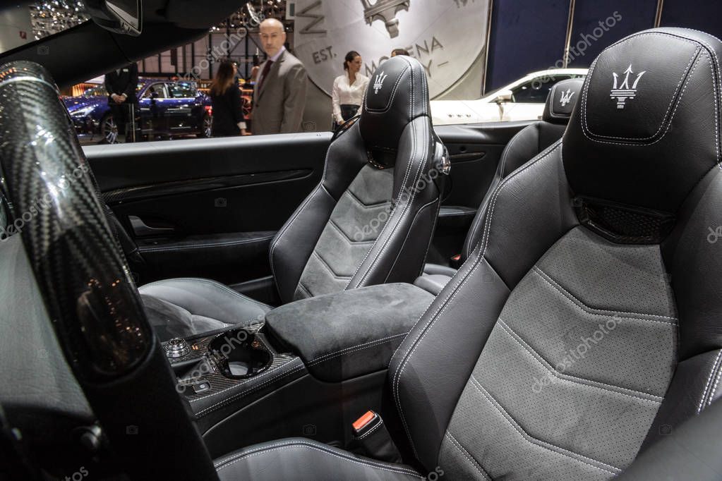 GENEVA, SWITZERLAND - MARCH 6, 2018: 2018 Leather upholstery with logo in the Maserati GranCabrio car showcased at the 88th Geneva International Motor Show