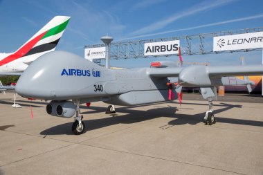 BERLIN, GERMANY - APR 27, 2018: Airbus Reconnaissance UAV IAI Eitan Steadfast drone on display at the Berlin ILA Air Show. clipart