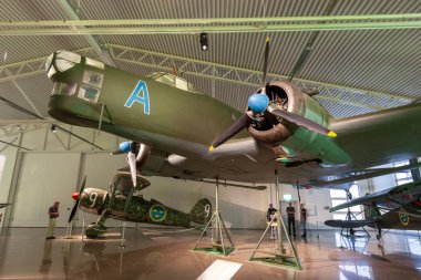 LINKOPING, SWEDEN - JUL 21, 2011: Junkers Ju-86 Luftwaffe bomber plane on display in the Swedish Air Force Museum at Malmen airbase. clipart
