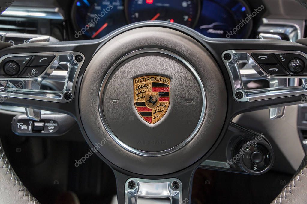 PARIS - OCT 3, 2018: New 2019 Interior view of the Porsche Macan SUV car showcased at the Paris Motor Show.