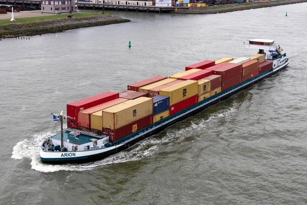 Rotterdam Nederländerna Sep 2018 Pråm Transporterar Transportbehållare Vid Floden Meuse — Stockfoto