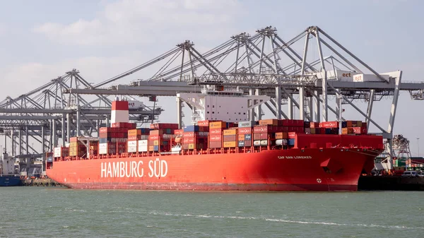 Rotterdão Mar 2016 Hamburgo Sud Container Navio Sendo Carregado Por — Fotografia de Stock