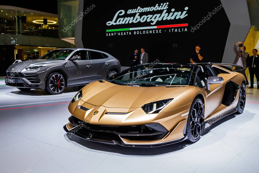 Lamborghini Aventador SVJ Roadster sports car debut at the 89th Geneva International Motor Show. Geneva, Switzerland - March 5, 2019.