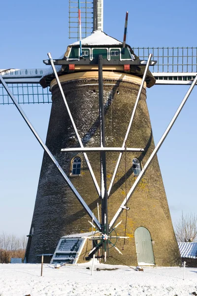 Wiatrak Kinderdijk Zimą — Zdjęcie stockowe