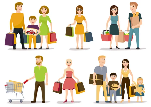 Pessoas Comprando Shopping Conjunto Personagens Desenhos Animados Vetor Família Com Ilustrações De Bancos De Imagens Sem Royalties