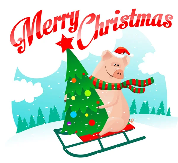 Cerdo Con Ilustración Vectorial Árbol Navidad Cerdo Montando Trineo Sosteniendo Gráficos vectoriales