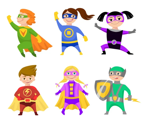 孩子穿着五颜六色的服装不同的超级英雄查出在白色背景动画片向量例证 免版税图库矢量图片
