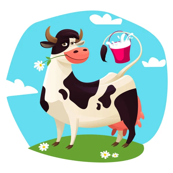 Vaca Linda Con Cubo Leche Vector Ilustración — Vector de stock