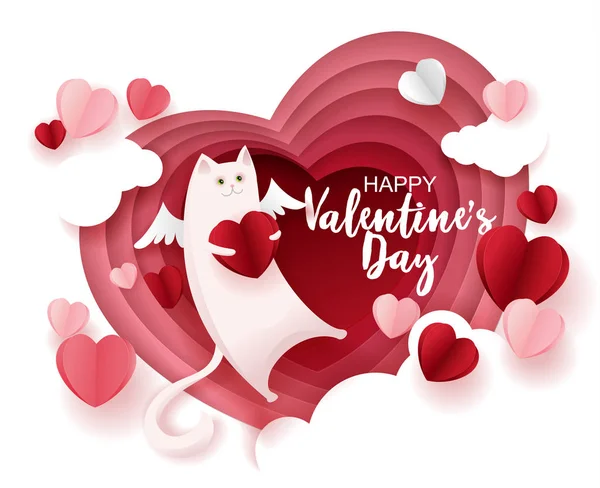 Gatto Con Amore Cuore Biglietto San Valentino Cuore Rosa Tagliato Vettoriale Stock