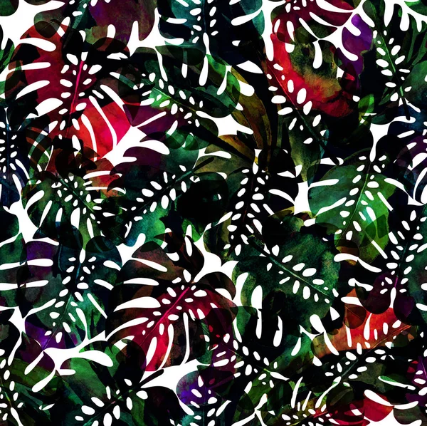Palm Leafs Watercolor Texture Repeat Modern Pattern — Stock Photo, Image