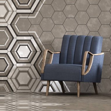 altıgen paneller desenli duvar ve koltuk bej iç 3D render
