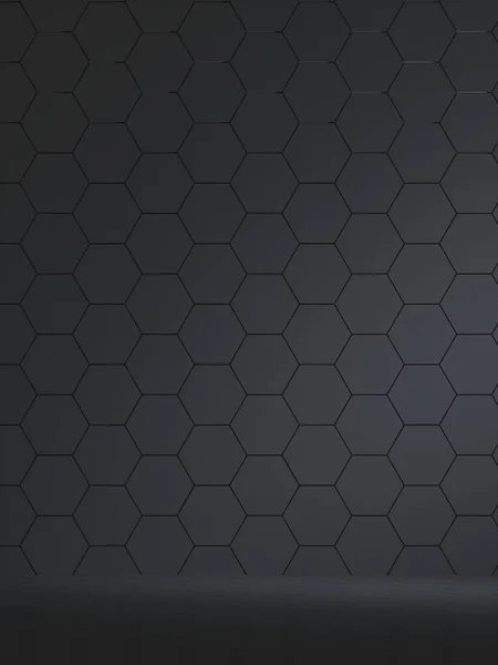 Renderização 3d de interior escuro com painéis hexagonais na parede — Fotografia de Stock