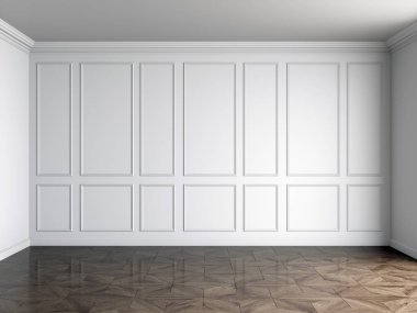 duvar panelleri ve koyu ahşap zemin üzerine beyaz iç 3D render