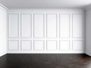 duvar panelleri ve koyu ahşap zemin üzerine beyaz iç 3D render