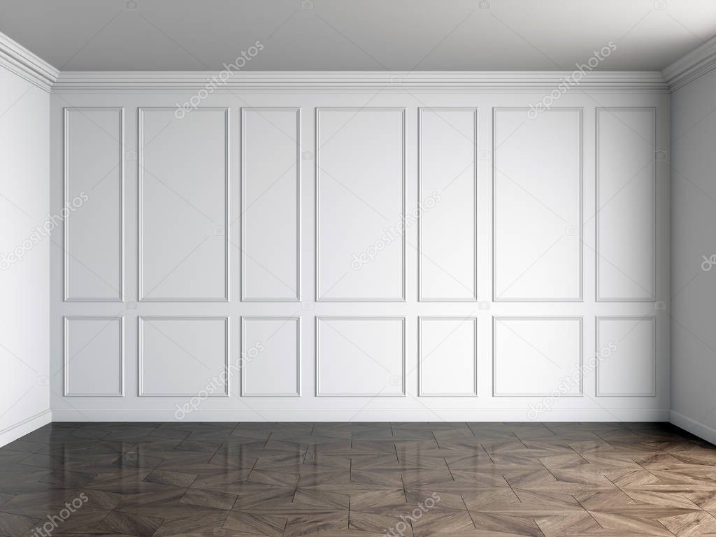 3d render of white interior with panels on wall and dark wood on floor