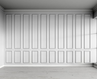 Klasik paneller ve doğal parke ile beyaz iç 3d render