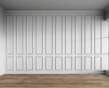 Klasik paneller ve doğal parke ile beyaz iç 3d render