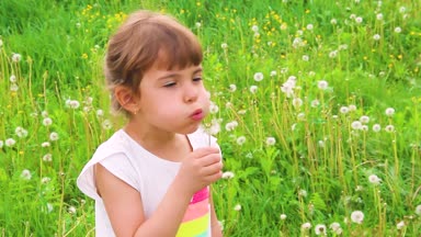 Dandelions hava üfleme kız.