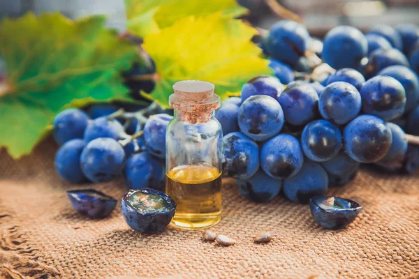 küçük bir kavanoza üzüm çekirdeği ekstresi. Seçici odak.