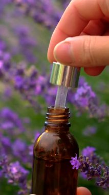 Şişedeki lavanta yağı. Seçici odaklanma. Doğa.