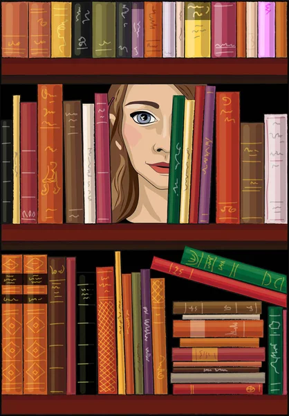 Mädchengesicht Hinter Bücherregalen Vektorillustration — Stockvektor