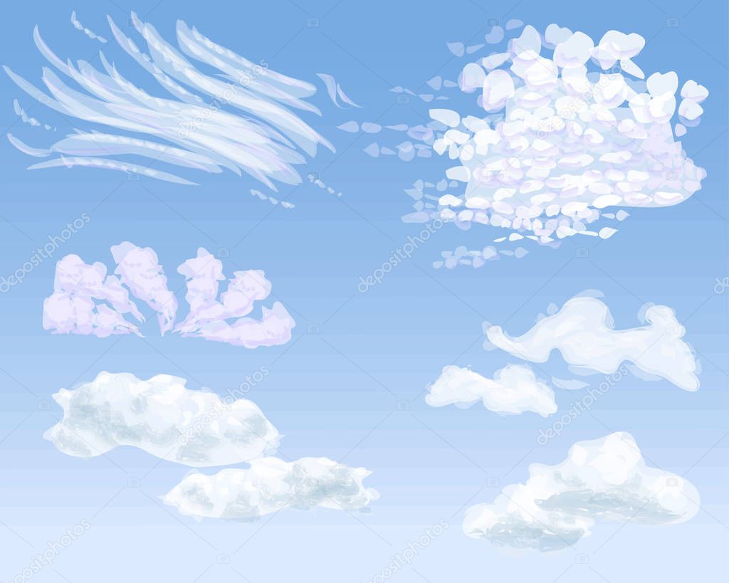 Set of different types of clouds on daytime sky, vector illustration