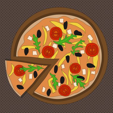 Renkli pizzaya İtalyan koyu arka plan, vektör çizim