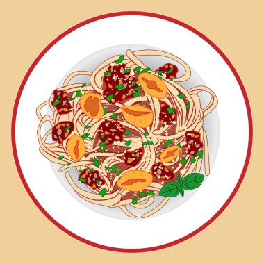 Makarna spagetti, et sause, domates ve otlar, vektör çizim ile