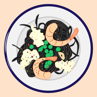 Siyah makarna karides, peynir ve yeşil bezelye, vektör çizim ile