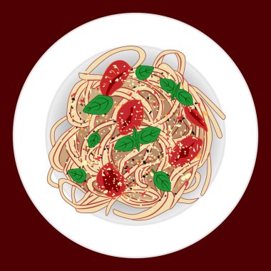 Makarna spagetti, domates ve fesleğen, vektör çizim ile