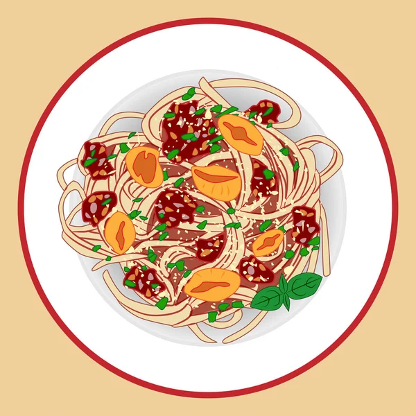 Pasta Met Spagetti Vlees Saus Tomaten Kruiden Vectorillustratie — Stockvector